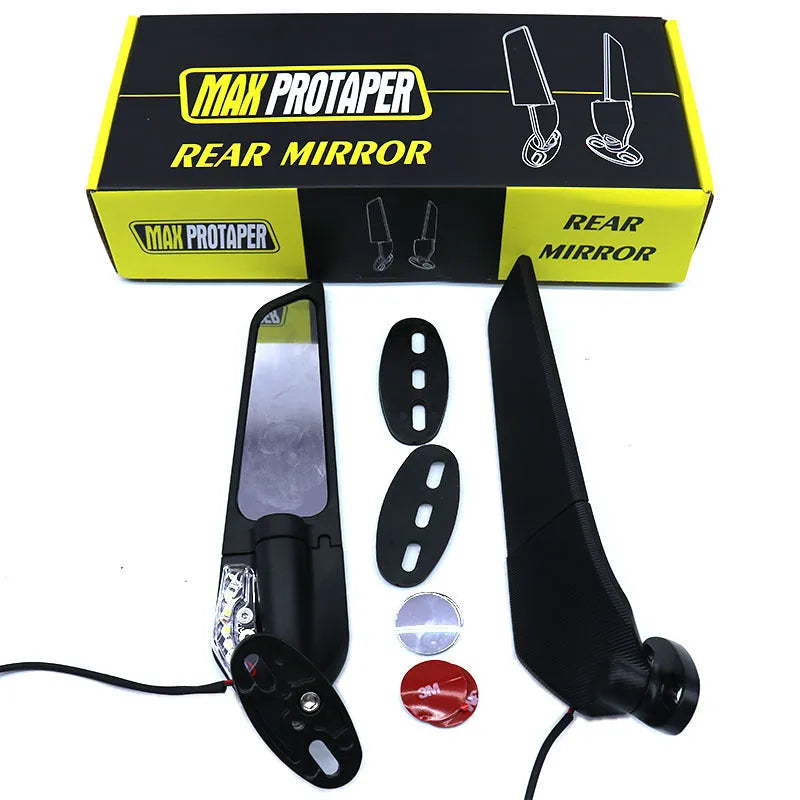 Pair of yellow SH-620-5 aluminium alloy motorcycle mirror spoilers with convex glass and integrated running lights