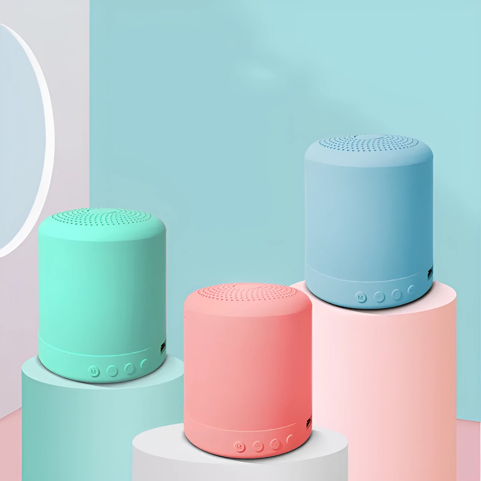 A11 compact cube wireless speaker in black, pink, blue, or green colour with multiple input ports.