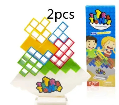 Balance stacking game set with plastic building blocks and wooden chassis