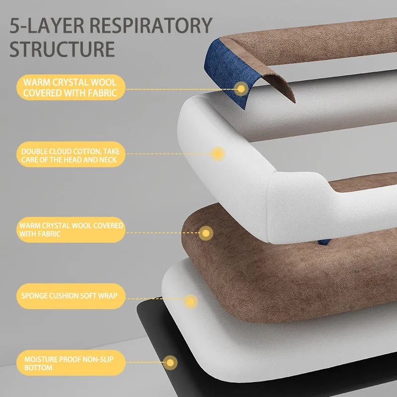 A soft, padded pet sofa mat shown in one of five colours (Black, Grey, Red, Yellow) next to a dog, illustrating its use as a furniture-protecting bed.