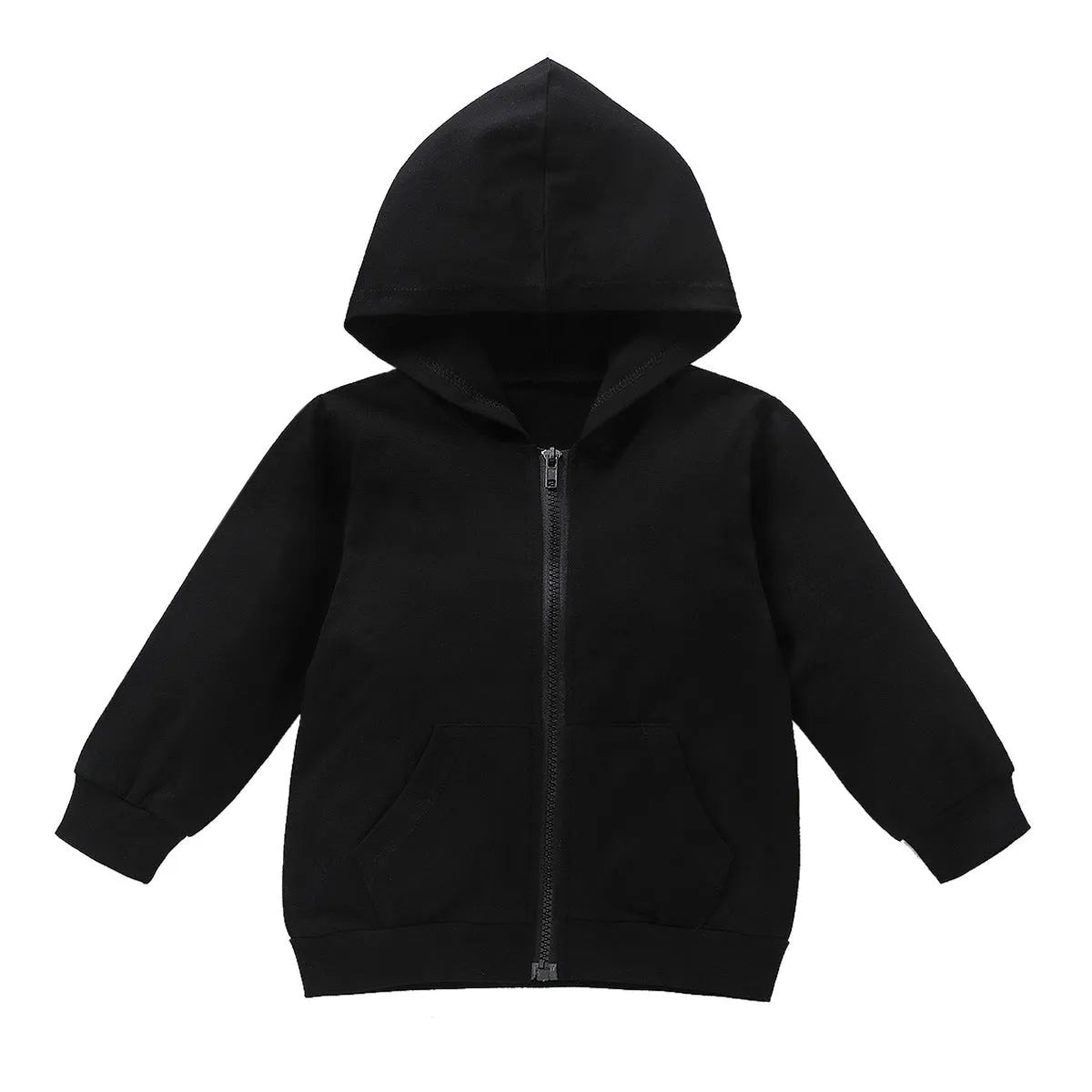 Children's black cotton back letter hooded sweater coat on a child, full body front view against a white background