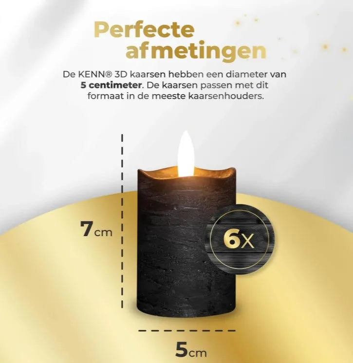 Black S6 LED pillar candle with flame-effect light, dimensions 5cm by 7cm.