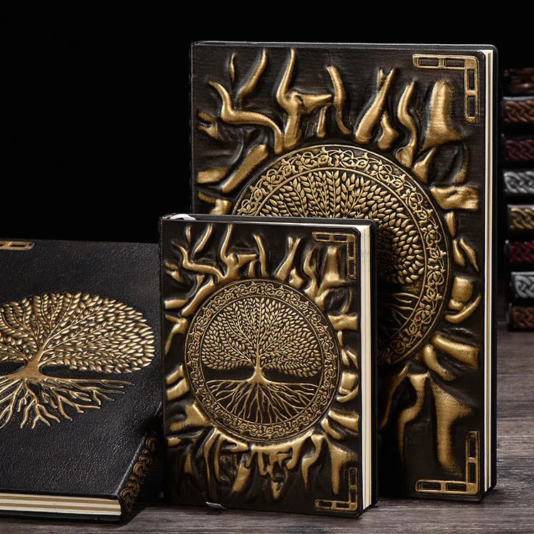 Tree of Life notebook with metallic PU cover, wireless binding, A5 or A6 size, double adhesive paper