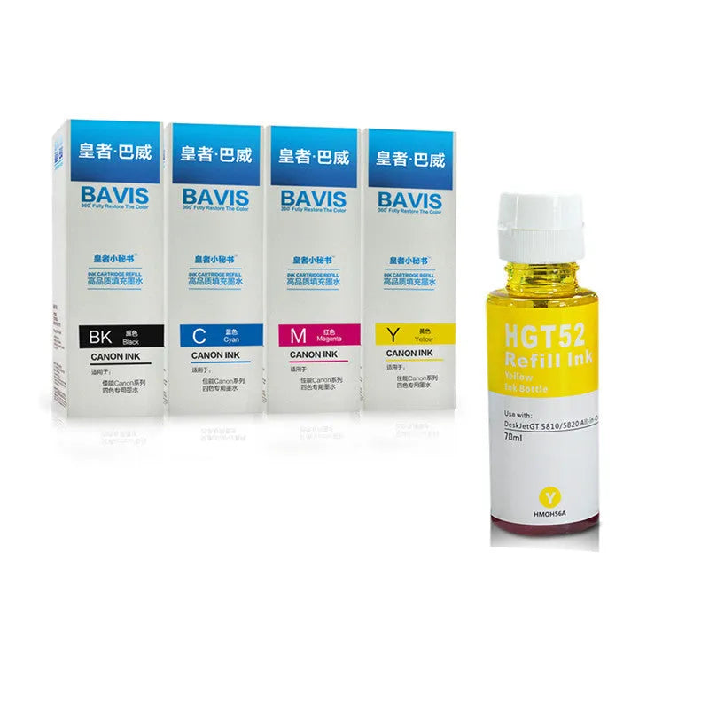 Four HP GT51 GT52 ink cartridges in black, blue, magenta, and yellow for Officejet GT and Smart Tank printers