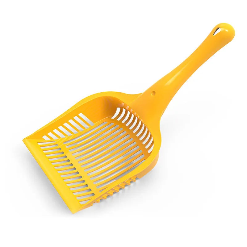 Red plastic cat litter scoop next to a yellow and blue one, showing two size options for litter tray cleaning.
