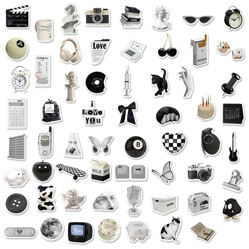 Set of 61 black and white simple style waterproof PVC vinyl stickers for laptops and phones.
