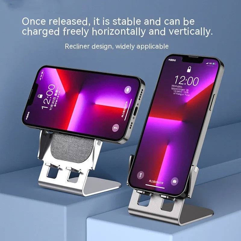Cyan wireless charging metal desktop stand with aviation aluminium alloy body holding a smartphone upright