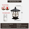 Black small size solar pillar lamp with flower shape, IP65 outdoor protection, 12W, 24V, and pointed flower overall size in mm.