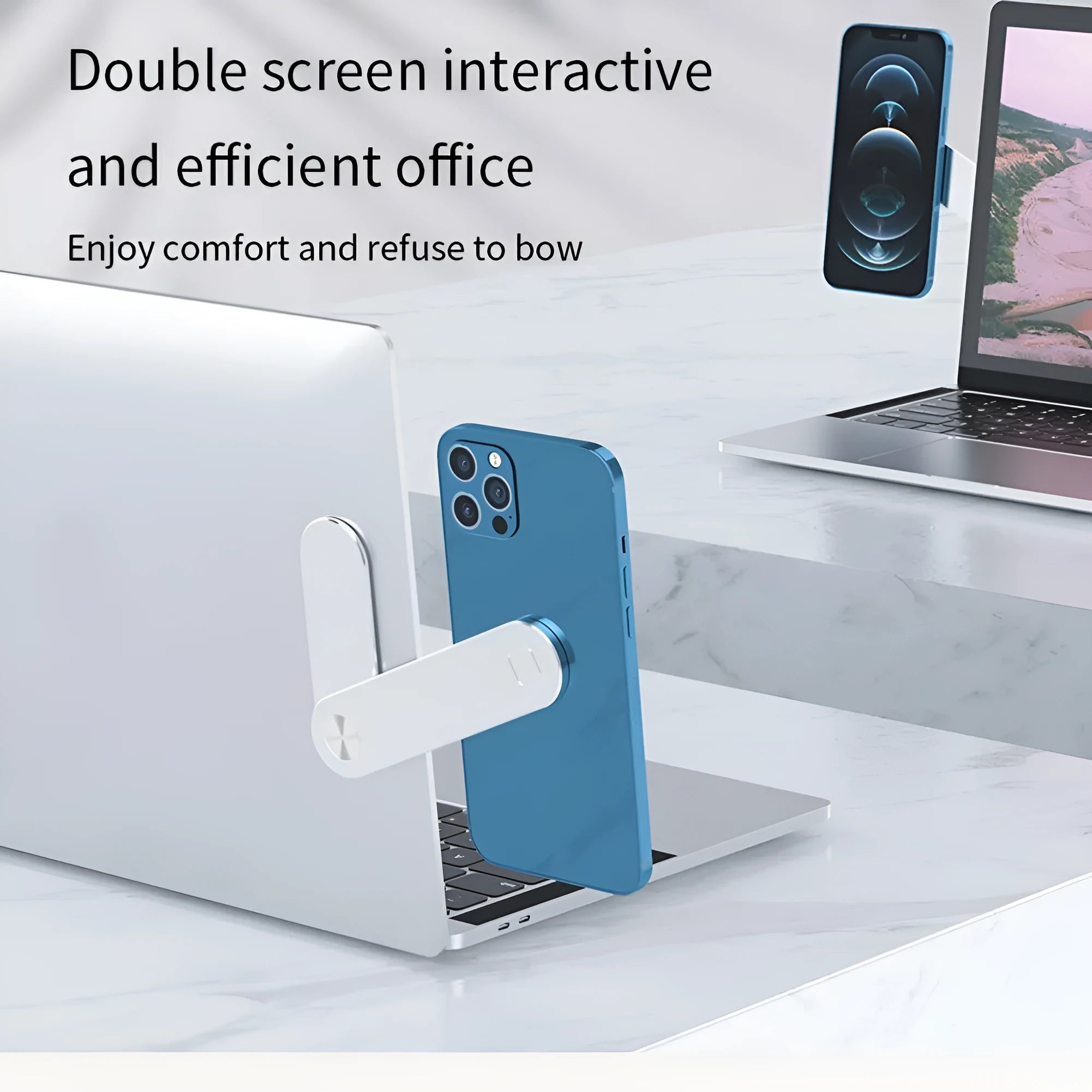 Black aluminium laptop phone holder clipped to side of monitor with smartphone attached.