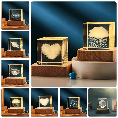 3D transparent crystal cube night lamp in 40mm or 60mm size on a desktop