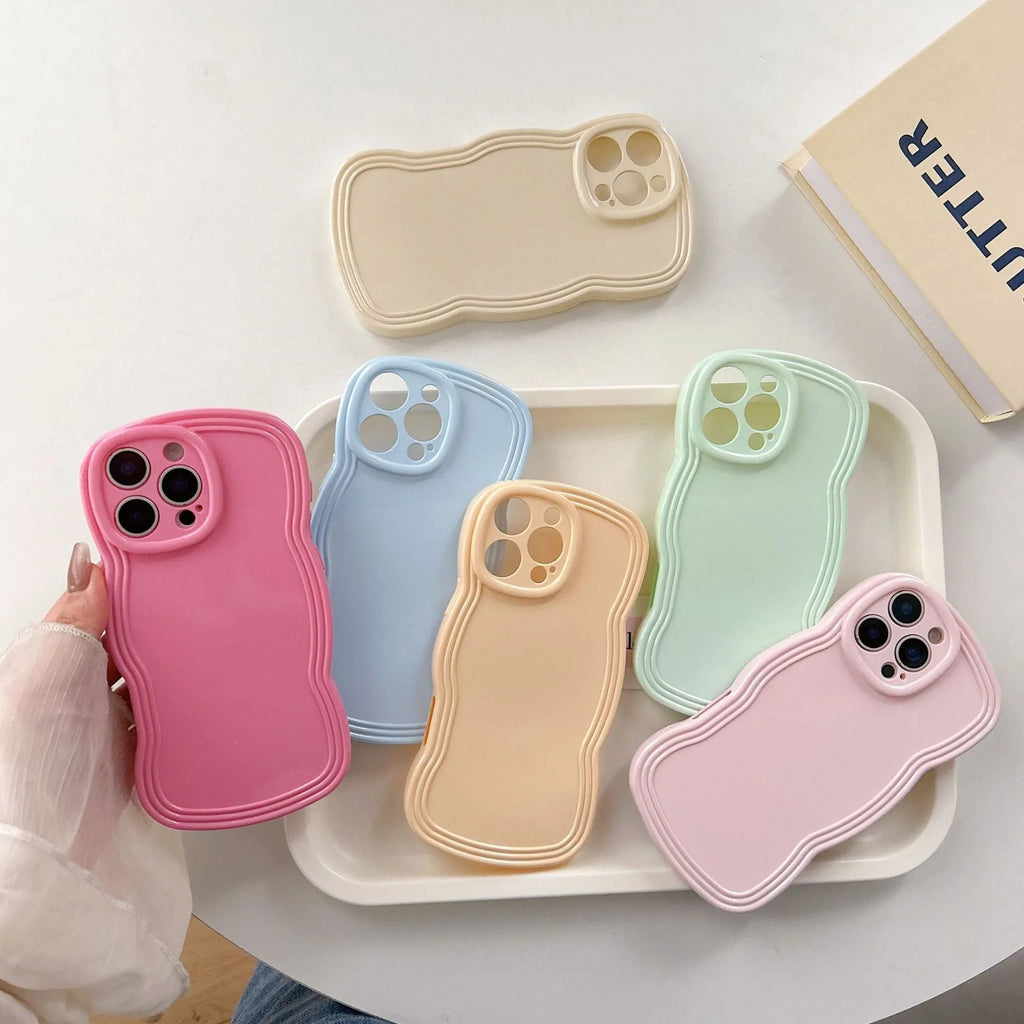 Pastel coloured candy wave pattern TPU phone case for iPhone on a white background.