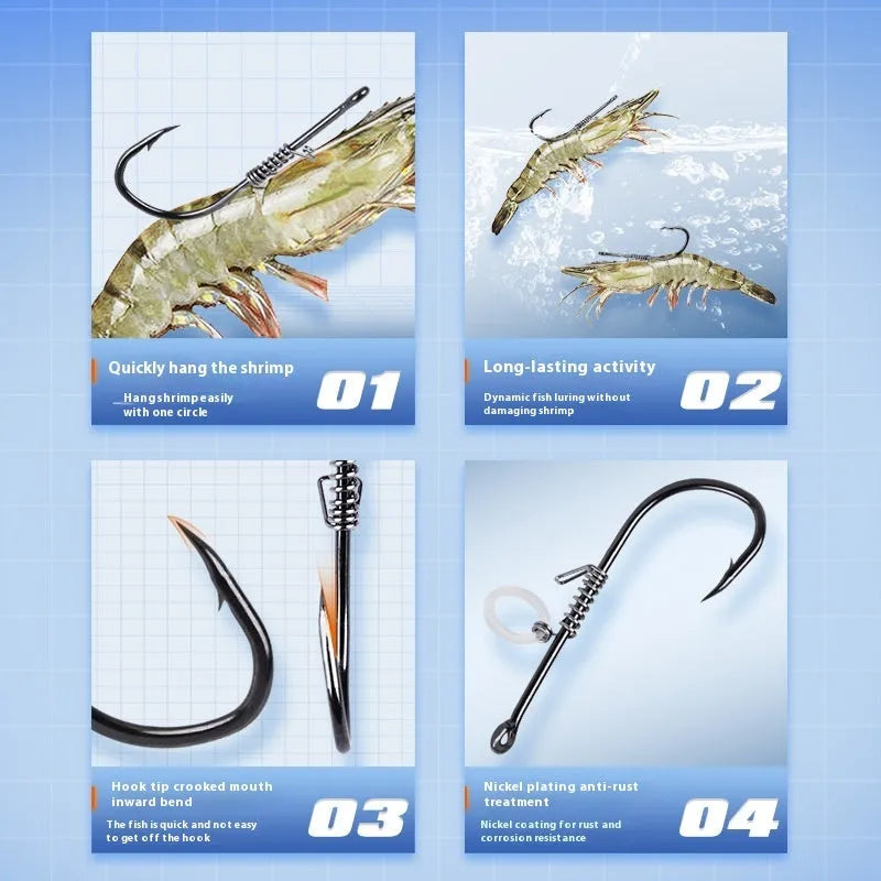 Pack of 10 spring rubber band sea fishing hooks for live shrimp, barbed points, sizes No 2 to No 5/0