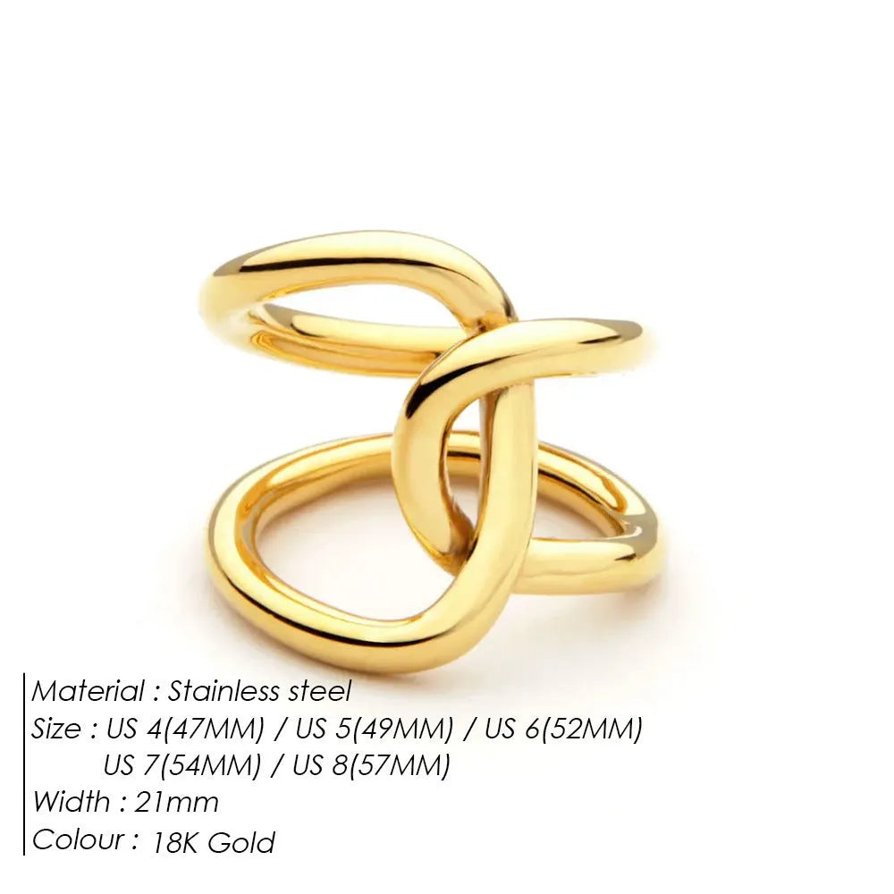Geometric U-shaped adjustable ring for women with a knotted detail, shown in stainless steel gold tone finish.