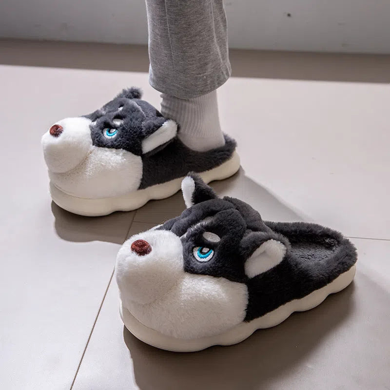 Cute Husky cartoon pure cotton slippers for men and women, warm indoor winter footwear in dark gray