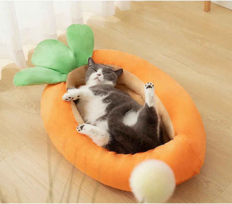 Carrot-shaped nesting dog bed with a soft blanket in two size options for small and medium pets.