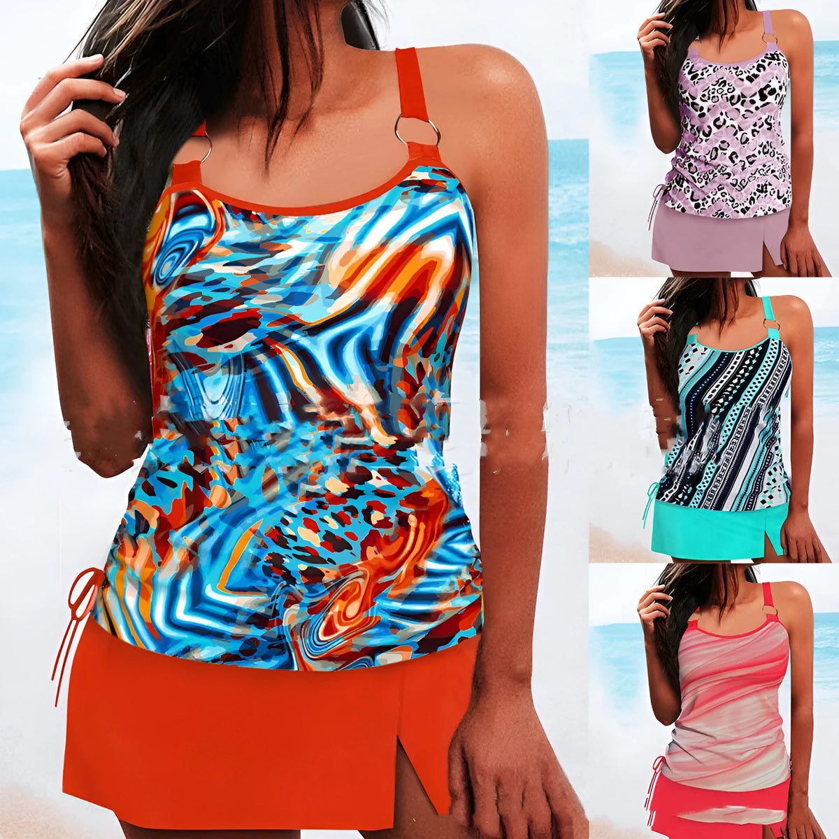 Women's two-piece split skirt swimsuit with briefs, top and shorts, in five colours, sizes S to 2XL