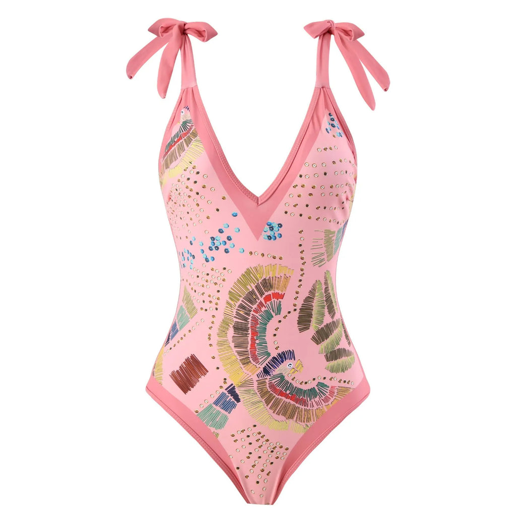 Blue and pink French retro one-piece swimsuit sets with matching gauze skirts for beach and pool.