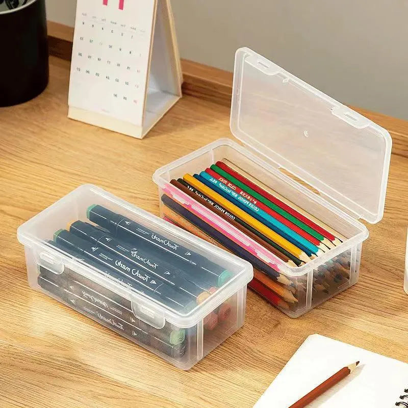 Transparent plastic stationery storage box with large capacity for pencils and crayons