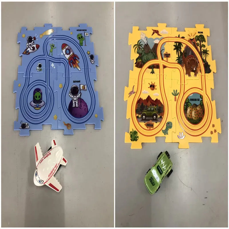 Children puzzle electric railroad speeder with DIY assembly track and automatic car, dinosaur theme