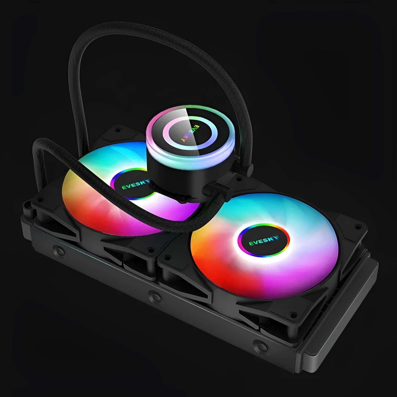 CPU liquid cooler radiator with RGB lighting on fan, showing aluminium construction.