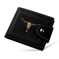 Black men's short wallet with animal pattern design showing multiple card slots and zipper closure