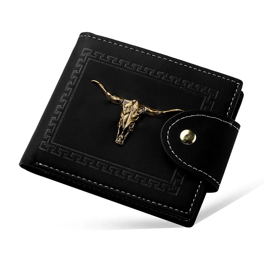 Black men's short wallet with animal pattern design showing multiple card slots and zipper closure
