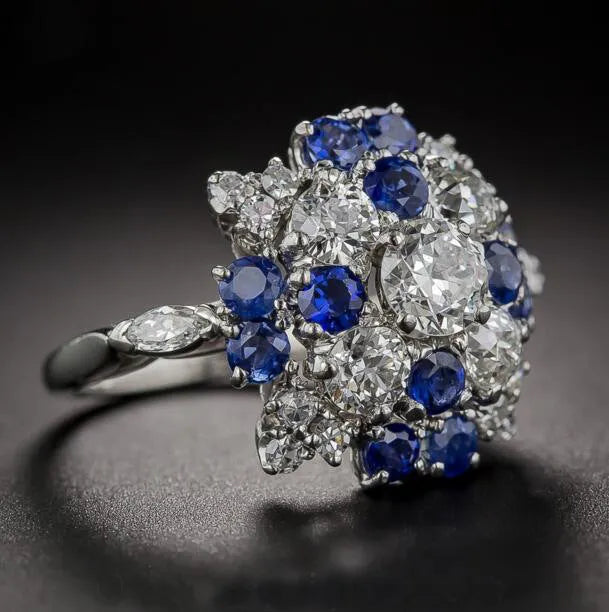 European retro sapphire ring for women, brass electrical degree white steel crown shape, colour KYRA0405, size no. 7