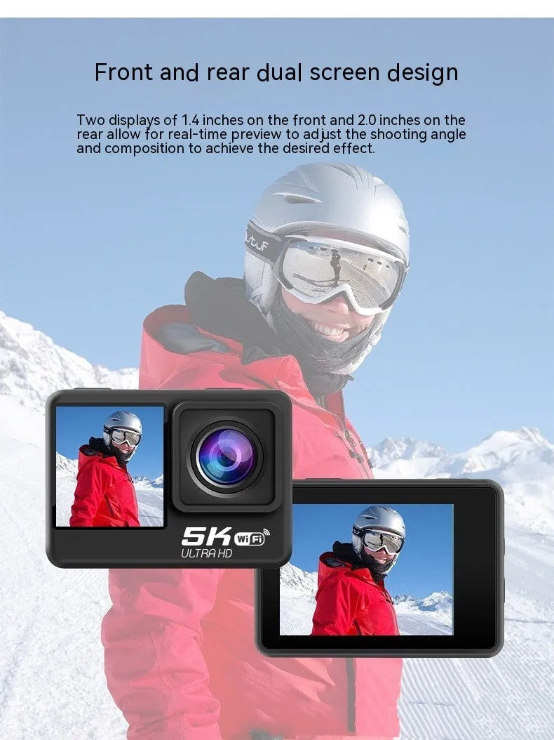 Compact 5K sports camera with wireless microphone and anti-shake technology in black ABS body
