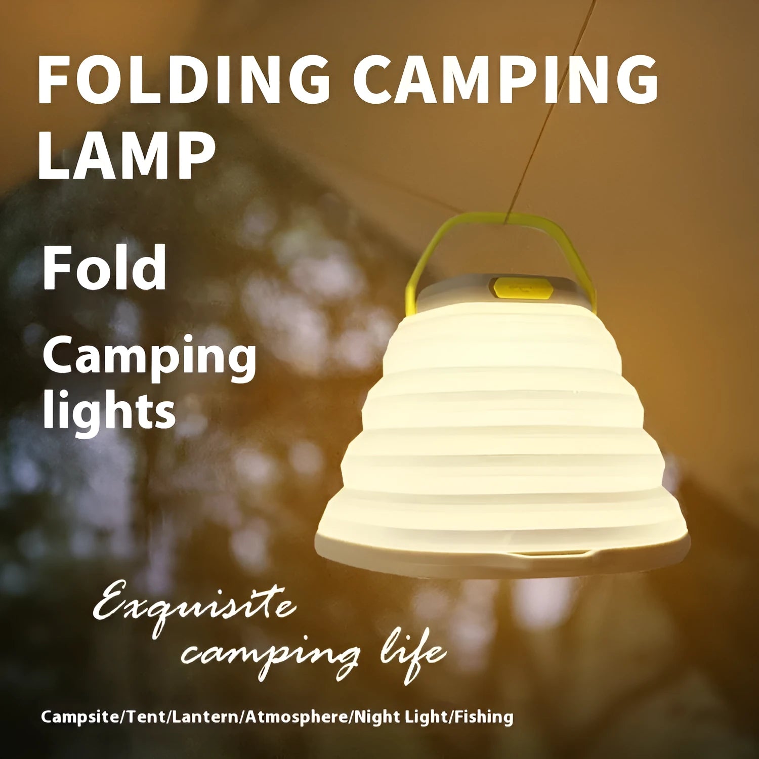White portable camping lamp with a large light capacity and a single control button.