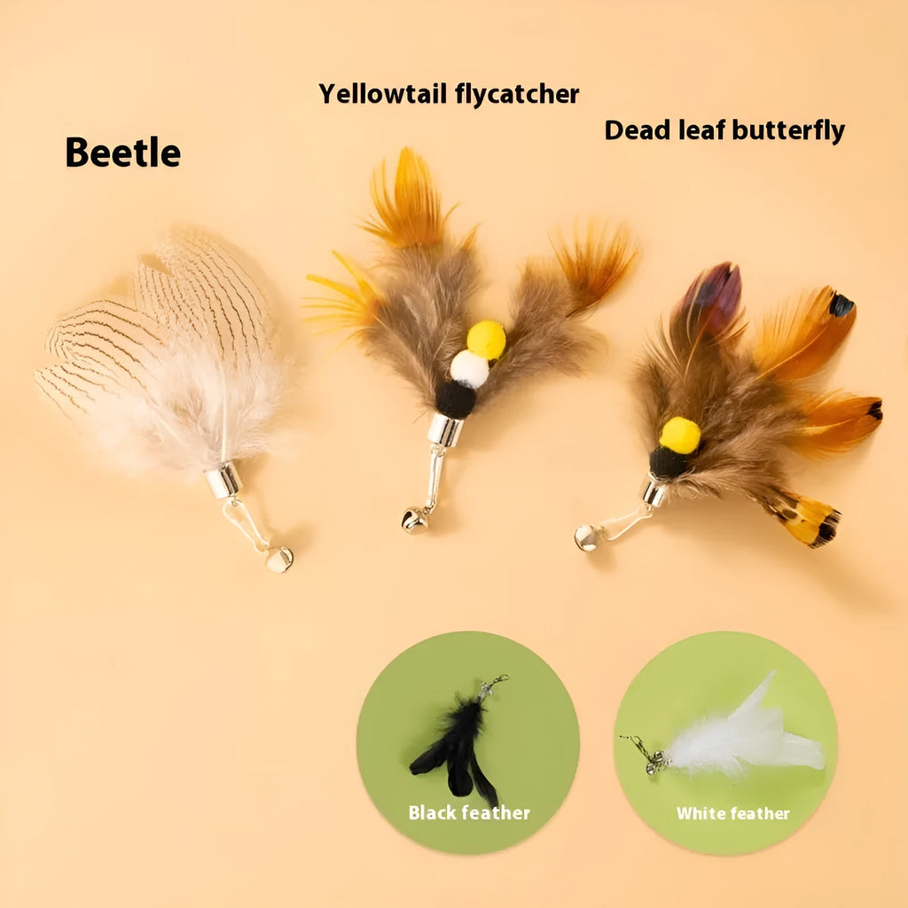 Three small steel-wire insect toy heads for cats in assorted colours, against a white background.
