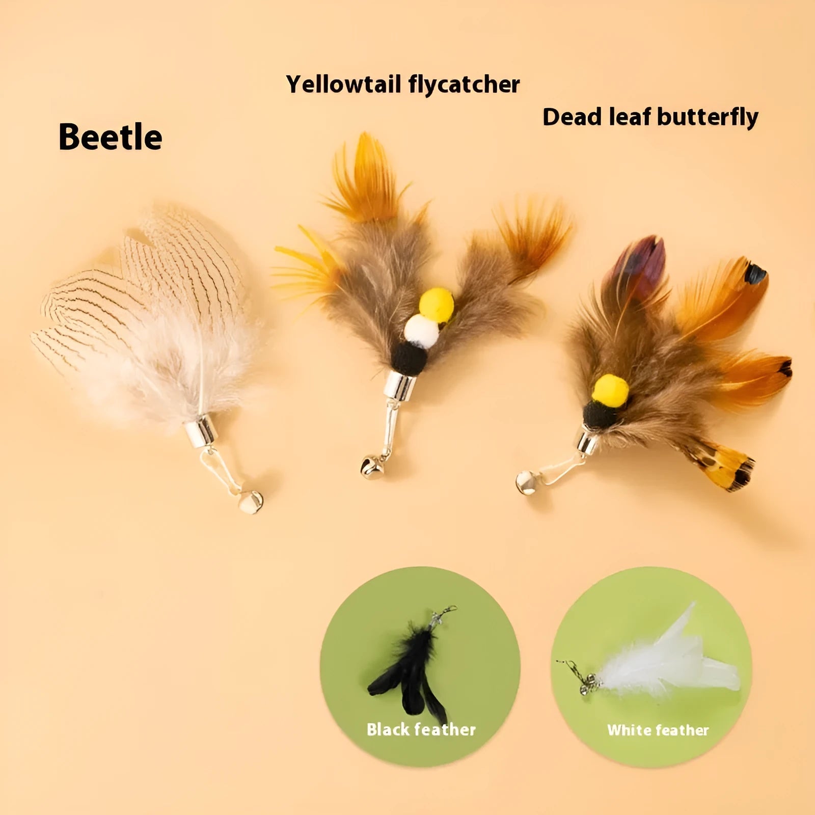 Three small steel-wire insect toy heads for cats in assorted colours, against a white background.