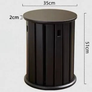 Modern round iron dining stool with stackable design in a wood-tone finish.