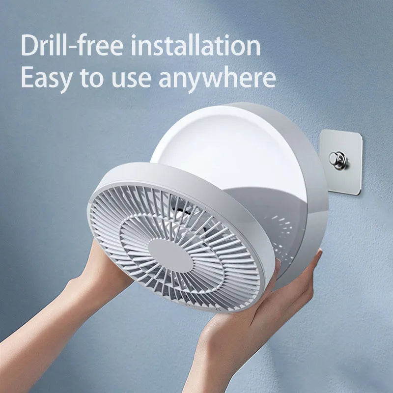 White portable folding fan with remote control showing 90° adjustable head and USB charging port