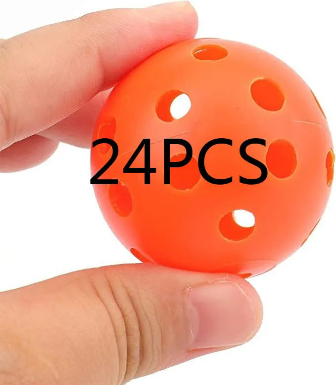 Multi-colour 42mm polyethylene golf practice balls in a net bag.