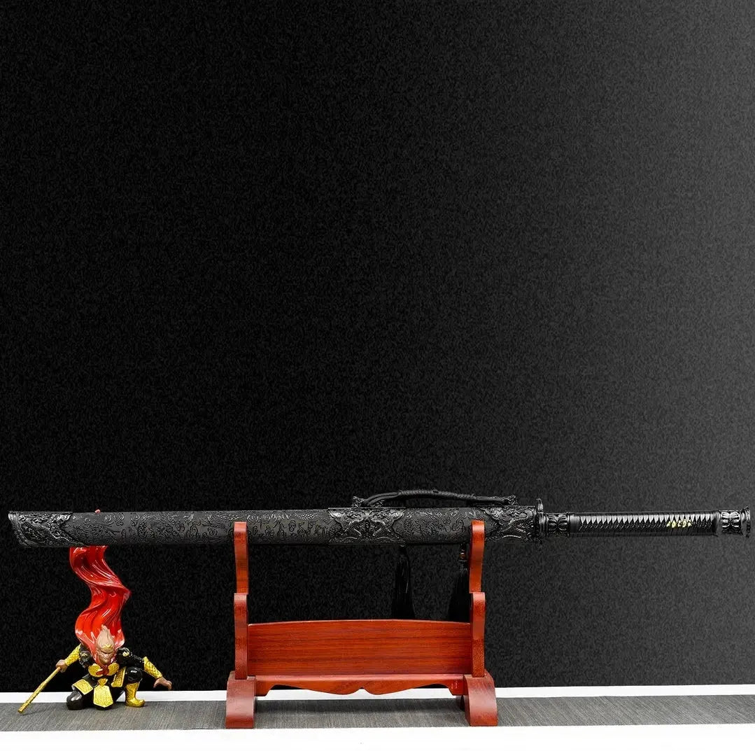 Blazing Flame Tang Dynasty horizontal sword with 65 manganese steel blade, 110 cm overall length, unsharpened, solid wood scabbard