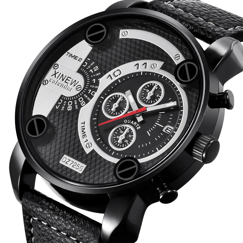 Men's big face watch with leather strap, date display, 5cm dial, 25cm strap, available in black khaki red white