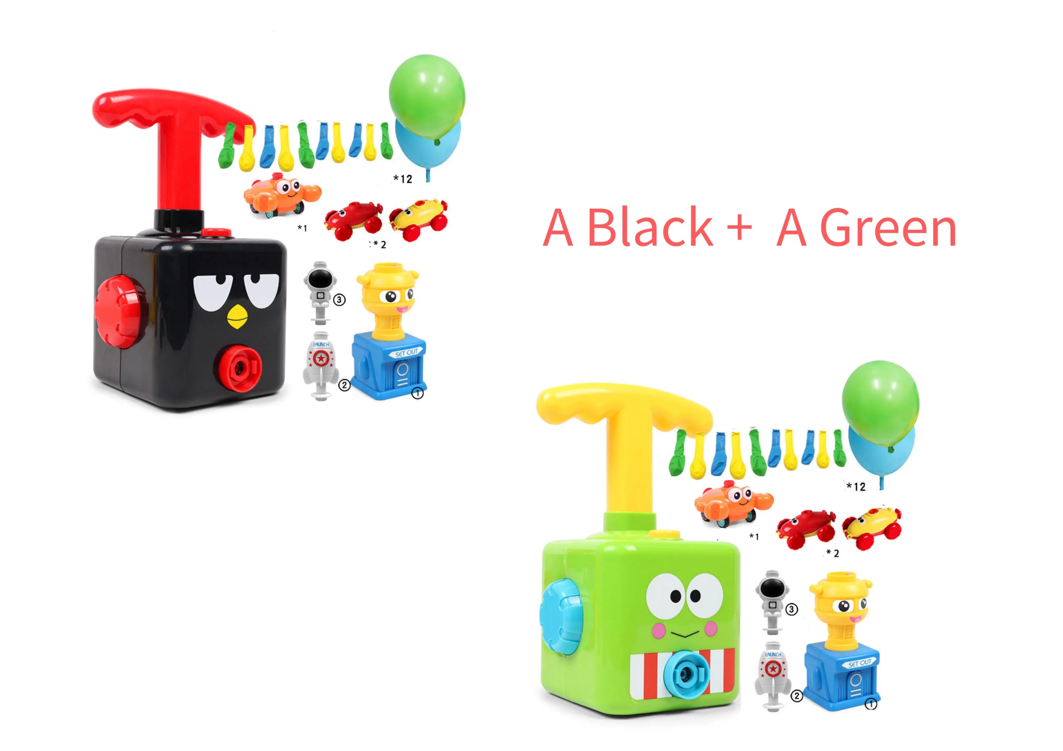 Balloon-powered car toy with inflatable cylinder and trolley, ABS plastic, 11.5x11.5x22.5cm