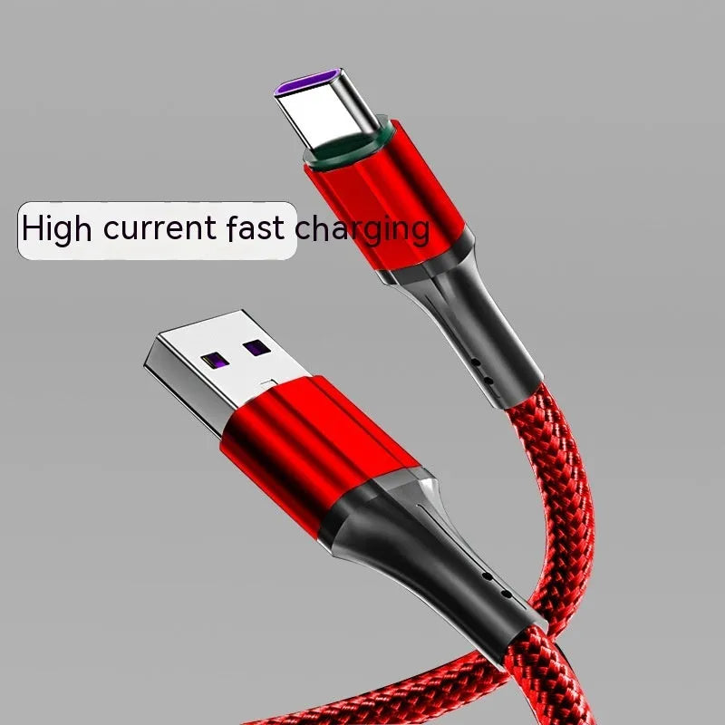 Nylon braided Type-C fast charging cable in red, black, or green colours with 60W power output