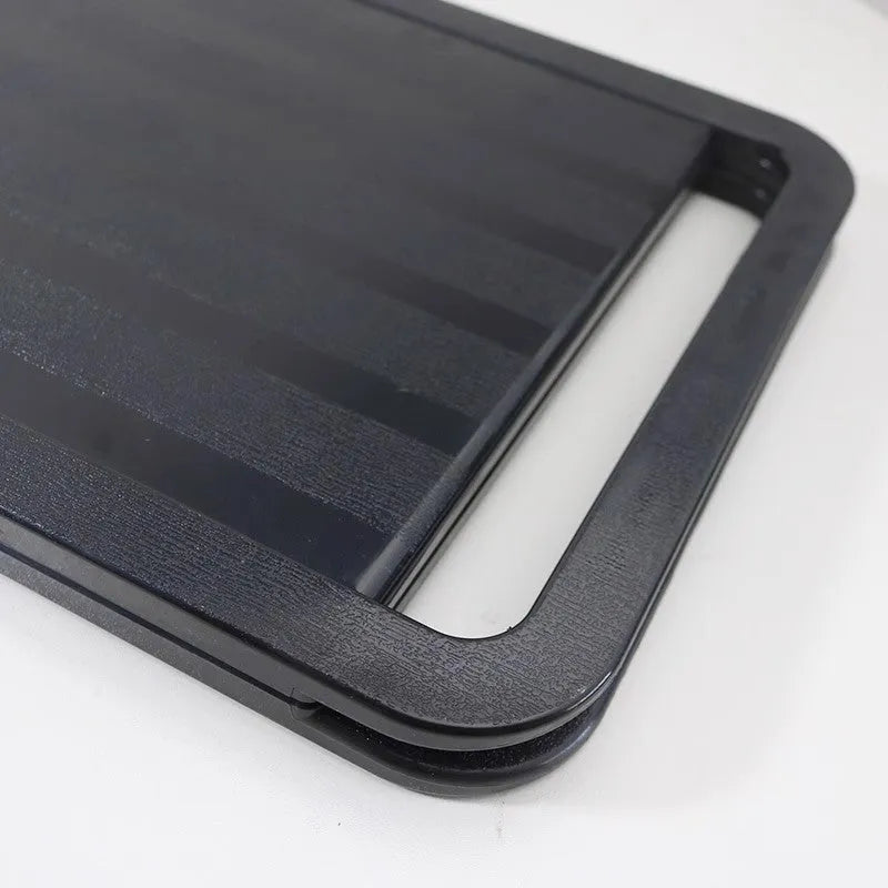 Double large folding hairdressing rearview mirror in black with HD double-sided reflective surface and plastic frame.