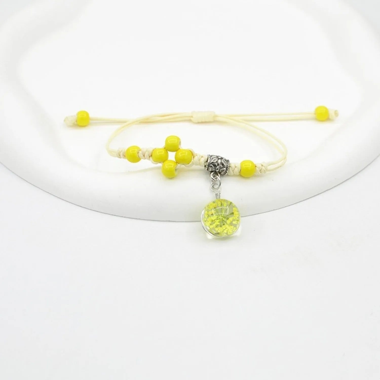 Glass dried flower bracelet with real preserved flowers and lace trim on large 1.4cm beads