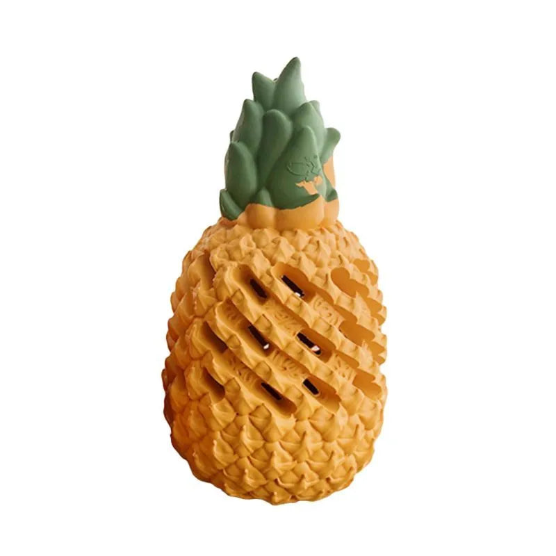 Yellow pet food leaking ball in pineapple shape made of non-toxic rubber, a dog chew toy treat dispenser