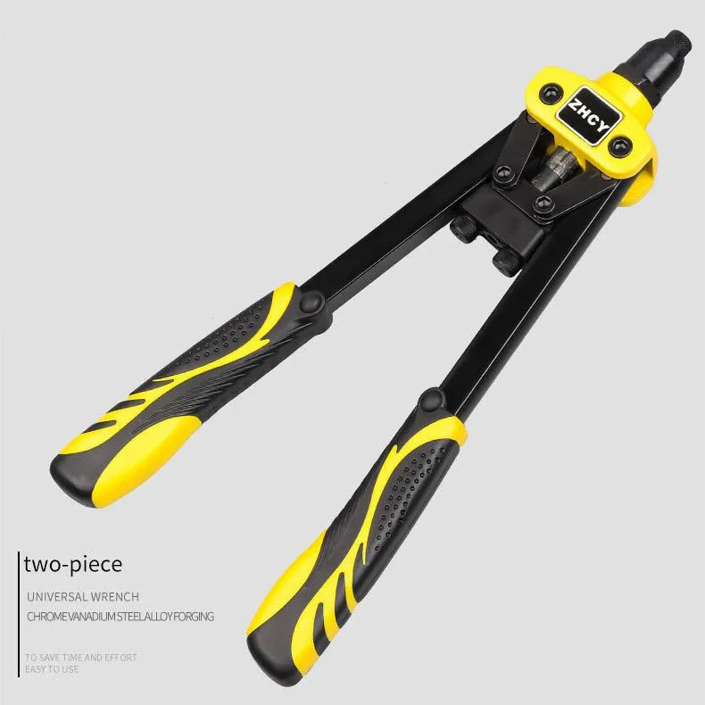 Yellow 13-inch manual rivet gun for household use with three built-in tip sizes