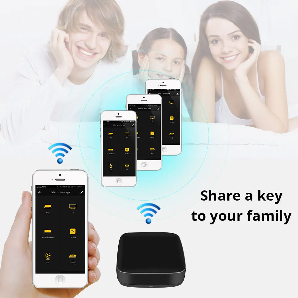 Black universal infrared remote control with voice command and WiFi connectivity features