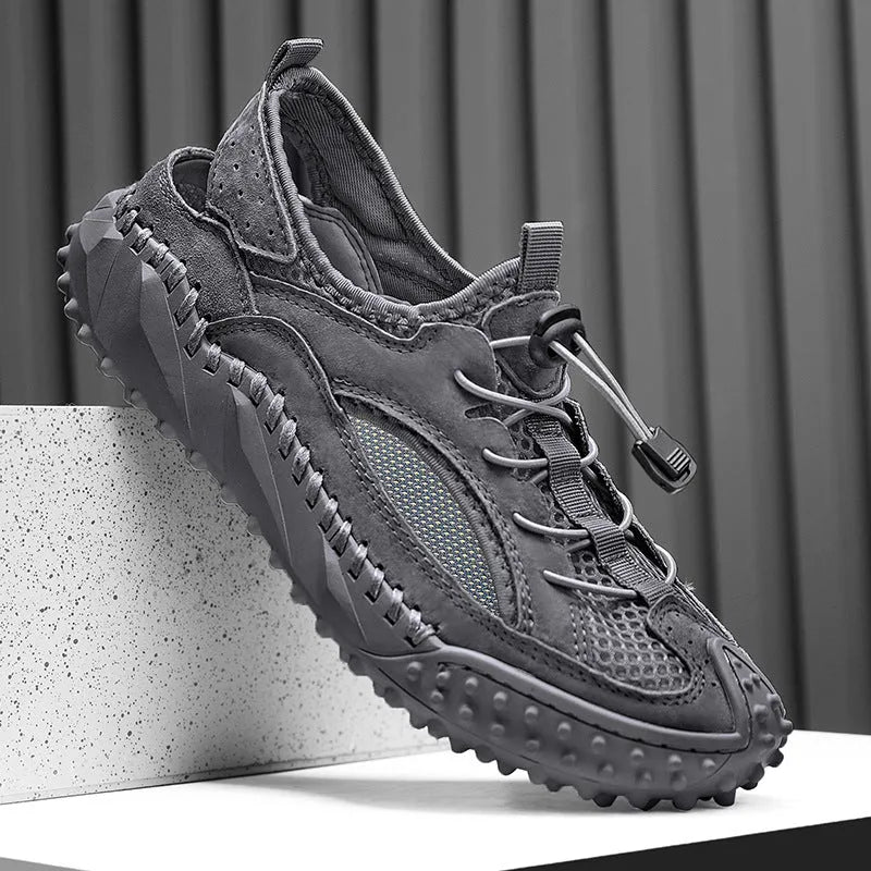 Men's waterproof sports sandals with leather mesh uppers, rubber soles, and elastic band closure in black, grey, or khaki