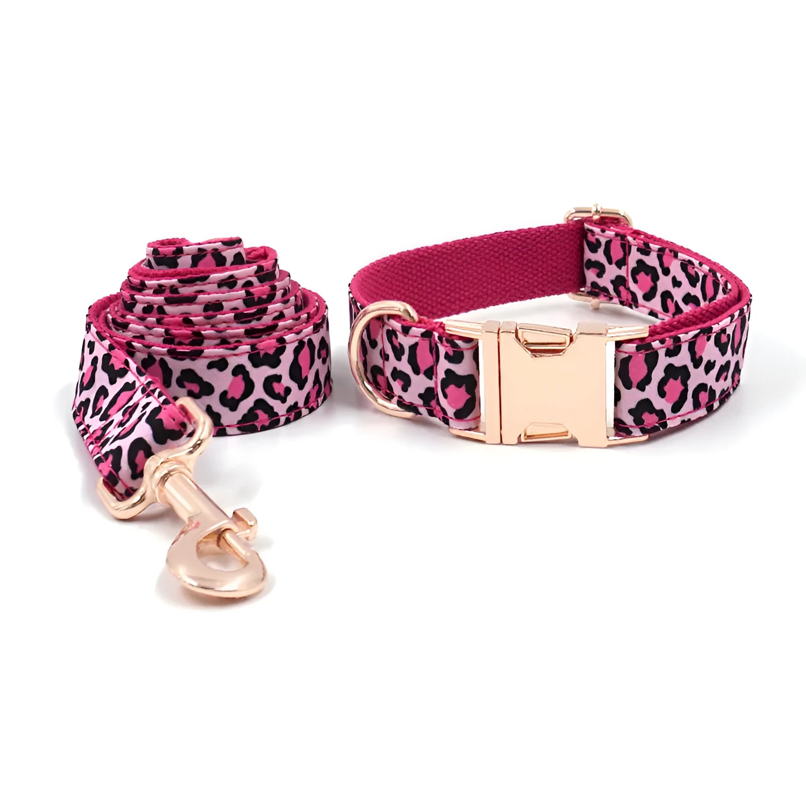 Leopard print rose gold dog collar and leash set on a white background, showing collar and attached leash