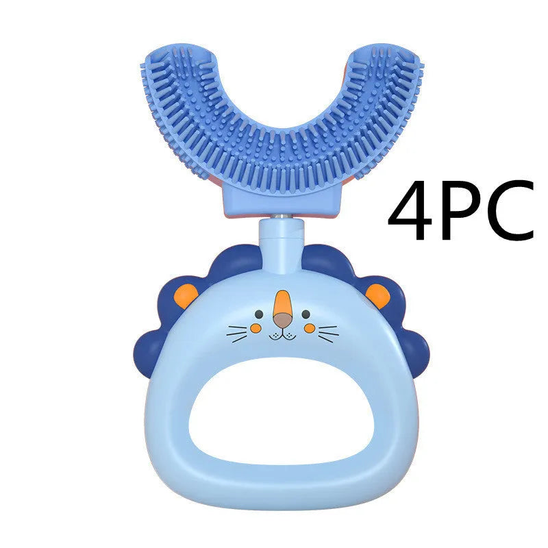 Children's U-shaped silicone toothbrush in blue for ages 2-6 years with soft silicone head and PP handle