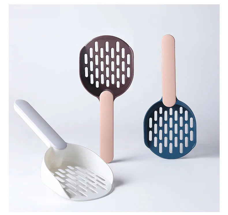 Blue plastic cat litter scoop shovel with fine mesh sieve slots and ergonomic handle for litter box cleaning