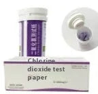 Bottle of 50 chlorine dioxide test paper strips for wastewater concentration detection.
