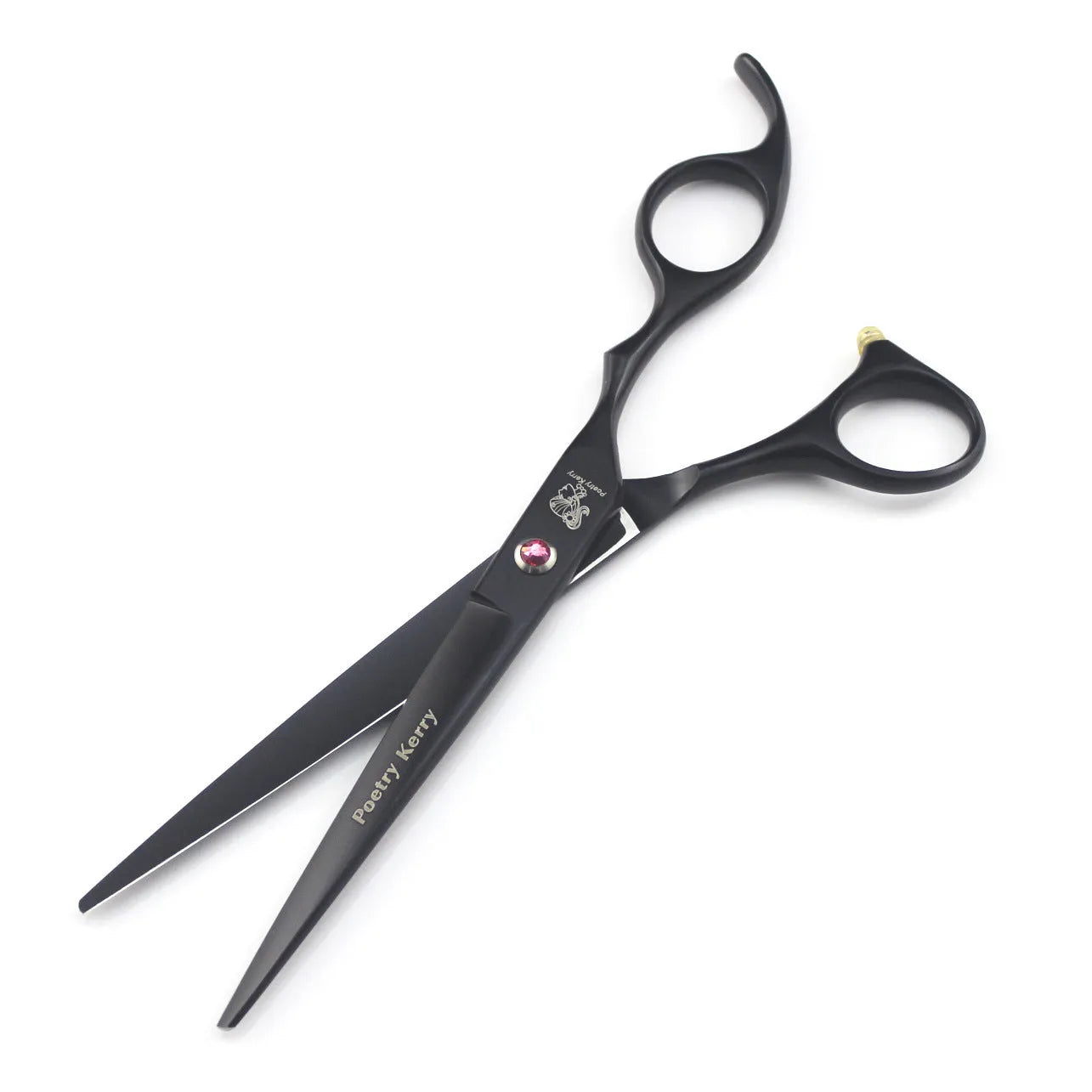 Pet grooming scissors set with straight, curved, and texturing blades in black stainless steel