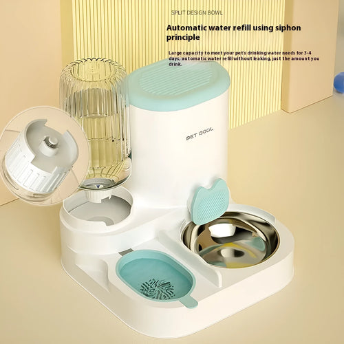 Automatic cat water fountain and food bowl combo with stainless steel dish in avocado green colour